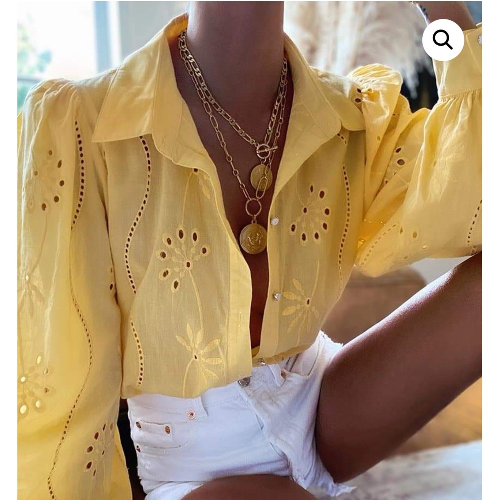 Anthropologie For Ever that Girl yellow embroidered button down shirt